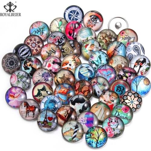 ROYALBEIER 50pcs/lot Over 50 Different Themes Styles Mixed Pattern Multi Color 18mm Glass Snap Button For DIY Snaps Jewelry