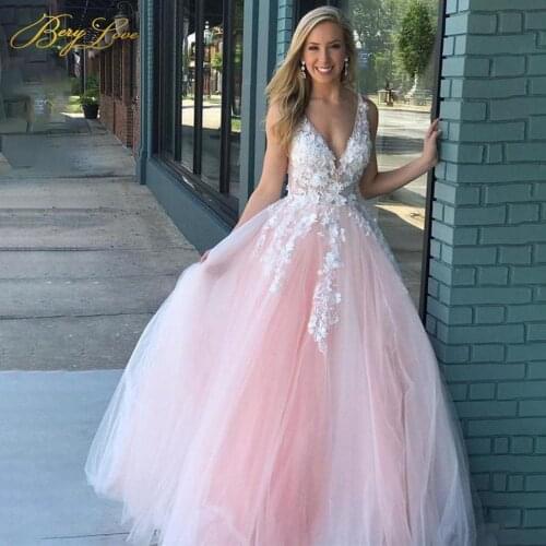 Pink Prom Dresses 2020 Long Candy Color V Neck Sleeveless Tulle Evening Dress Romantic Appliques Beading Robe De Soirée