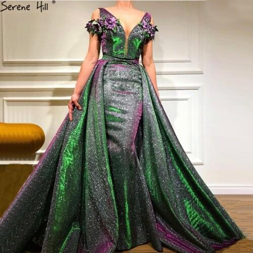 Sexy Sleeveless Mermaid Glitter Gradient Evening Dresses Deep-V Flowers Pearls Fashion Evening Gowns 2020 Serene Hill LA6524