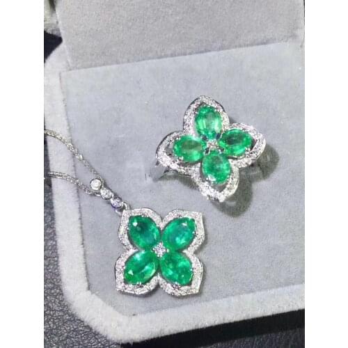 Party Gift Super Good Color 100% Natural and Real Emerald Set 925 Sterling Silver,1pc Emerald Ring,1pc Emerald Pendant