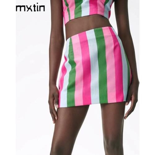 MXTIN 2021 Women Summer Fashion Striped Side Zipper Short Skirt Vintage A Line High Waist Ladies Skirts Casual Vestidos Mujer