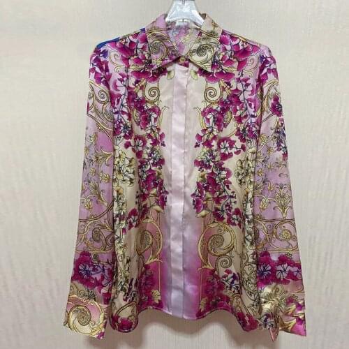 Brand Retro Floral Print Chic Design Shirt Elegant Long-Sleeved Casual Fashion Loose Lapel Top Blouse Clothes Vintage Women Top