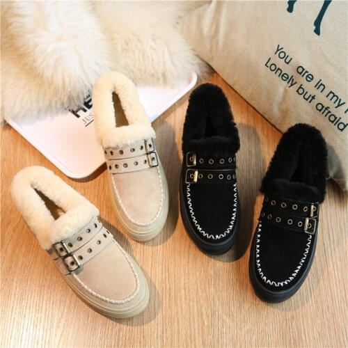 Ladies Ankle Boots Cow-Suede-Leather Wool Warm Autumn Winter Boots Buckle Slip-on Snow Boots For Women Daily Casual Thick Bottom