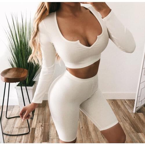 2019 Women Bodycon Two Pieces Set Crop Top Long Sleeve T Shirt Shorts Sets Sexy Clubwear V Neck 2 Piece Outfits for Women