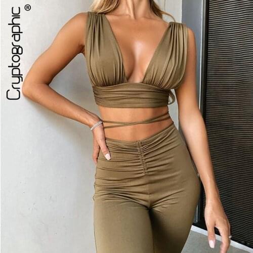 Cryptographic Bandage Sexy V-Neck Sleeveless Crop Top and Pants Two Piece Sets Backless Women Club Party Outfit Matching Set