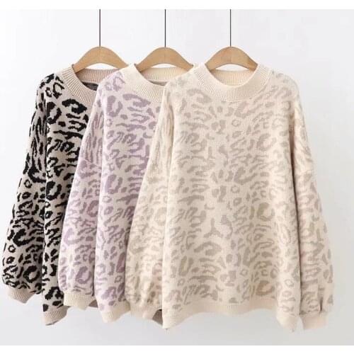 2020 New Womens sweater Autumn And Winter Knitted Loose Leopard Round Neck Pullover Long Lantern Sleeve Sweater