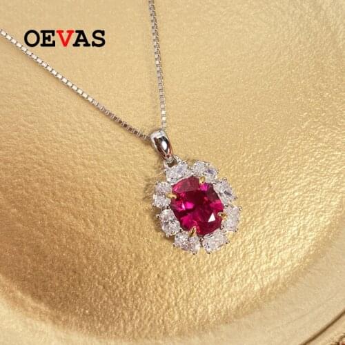 OEVAS 100% 925 Sterling Silver 7*9mm Sapphire High Carbon Diamond Pendant Necklace For Women Sparkling Wedding Fine Jewelry Gift