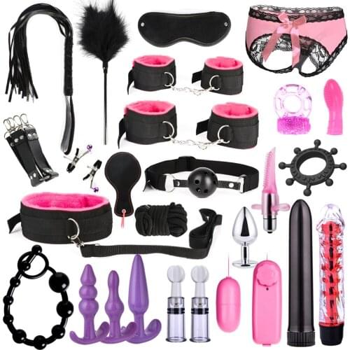 15/17/26pcs Adult Game Props Bullet Vibrator Butt Plug Handcuff Whip Mouth Gag Anal Bead BDSM Bondage Restraint Kit