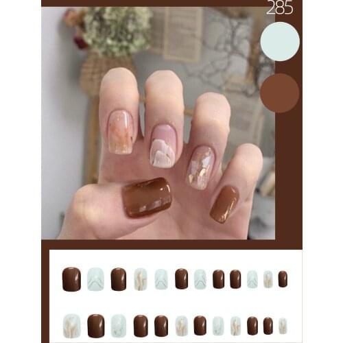 24pcs/Set False Nails Caramel Blooming Seashell Simple Finished Wearable Short Round Head Nail Art Fully Covered Nail Decoration