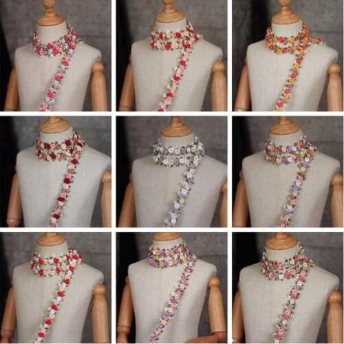 50 cm 3D Mini Rose Flowers Pearls Ribbons Lace Trimmings Dress Decor Handmade DIY Lace Trim Clothing Sewing Hair Accessories
