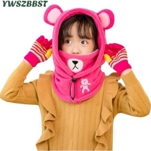 Children Hat with Hood Scarf Cute Bear Ear Warm Velvet Autumn Kids Hats Baby Hats for Girls Boys Caps Winter Baby Beanies Cap