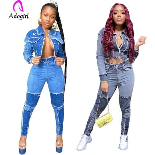 Adogirl Distressed Women Denim 2 Piece Set Patchwork Jackets Jeans Pants Suit Tracksuit Two Piece Matching Set Fitness Outfits