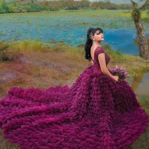 Pretty Dark Purple Ruffles Tiered Tulle Women Dresses For Photoshoot Lace Up Lace Bridal Dress Puffy Long Tulle Prom Gowns