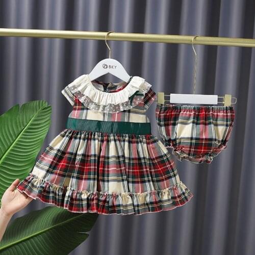 Baby Girls Summer Sweet Bowknot Grid Lovely Princess Dress + Shorts Pants Lace Infant 2pcs Suits Kids