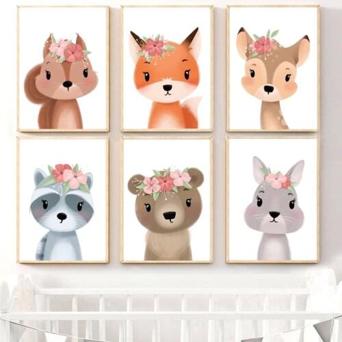 Fox Bunny Bear Deer raccoon Flower Nursery Wall Art Canvas Painting Posters And Print Wall Pictures Baby Girl Room bedroom Decor