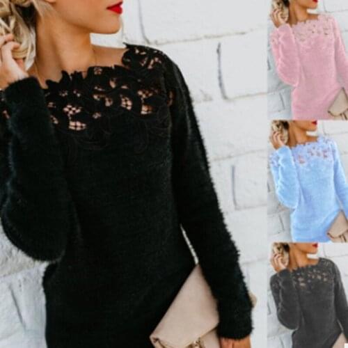 European and American Fashion Womens Sweater Solid Color Stitching Lace Pullover Long Sleeve Polar Fleece Ladies Top Commuter