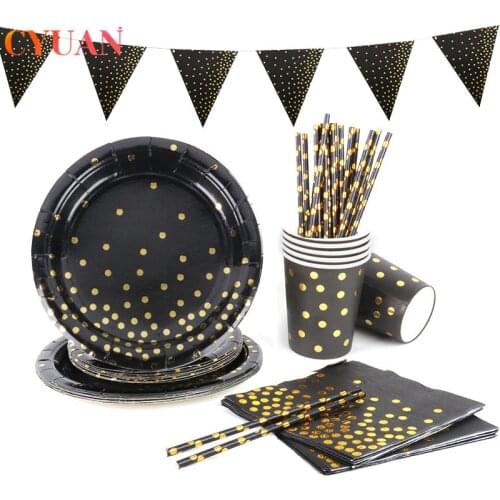 Black Gold Disposable Party Tableware Paper Straw Plates Cup Napkin 30th Birthday Party Decorations Adult Anniversaire Hen Party