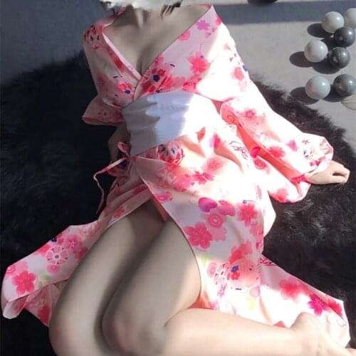 Sexy Lovely Lingerie Women Pink Japanese Print Robe Kimono Bathrobe Sexy Uniform Seduction Robe Sex Products Cosplay Kimono Set
