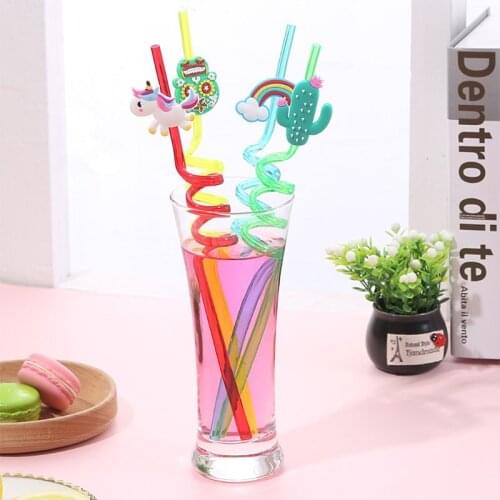 4Pcs Cartoon Cactus Rainbow Owl Plastic Spiral Drinking Straws Children Use Birthday Party Bar Club Special Juice Wine Cup Decor