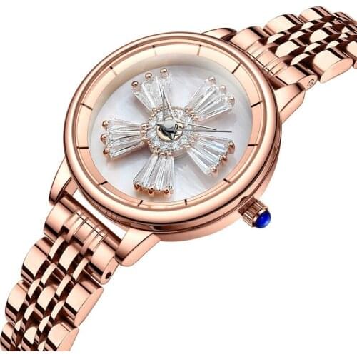 Luxury Petal Rhinestone Pointer Dial Watch for Womens Stainless Steel Watch Quartz Movement Waterproof Rotatable Wrist Watches