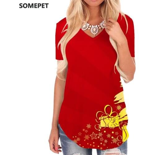SOMEPET Christmas T-shirt women Trees Tshirts Printed Festival Funny T shirts Party V-neck Tshirt Womens Clothing Summer Loose