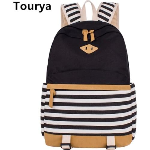 Tourya Preppy School Bags Backpack For Girls Teenagers Cute Canvas Striped Printing Women Laptop Bag Female escolar mochilas