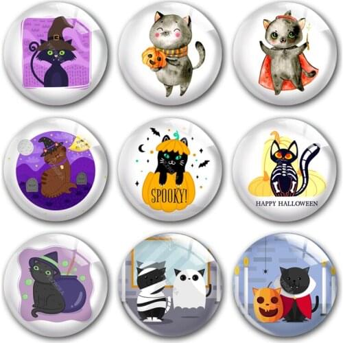 Handmade Halloween party cat hat bat Round photo glass cabochons demo flat back DIY collier jewlery Making findings accessory