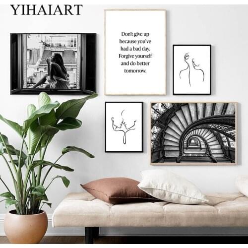 Nordic Black White Window Girl Canvas Poster Modern Abstract Wall Print Art Painting Inspirational Decoration Picture Home Decor