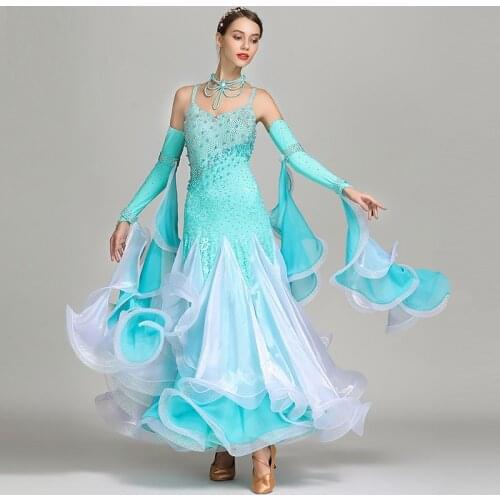 Blue sequins standard ballroom dress woman ballroom dance competition dresses dance wear woman modern dance costume waltz dress