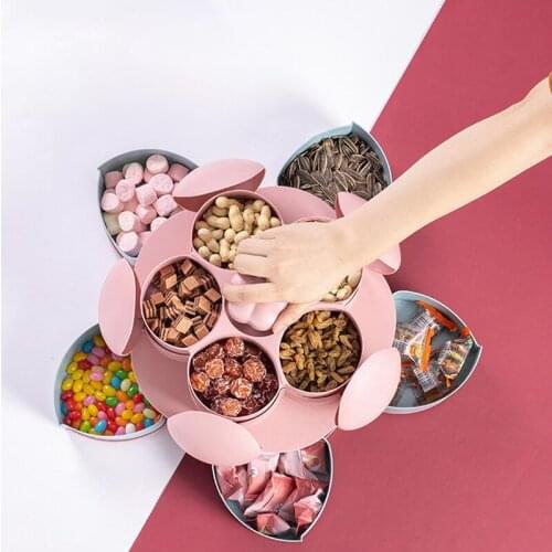 Rotating Petal-Shape Fruit Snacks Candy Box Flower Nuts Food Storage Case Party Biscuit Organizer Container Multifunction Plate