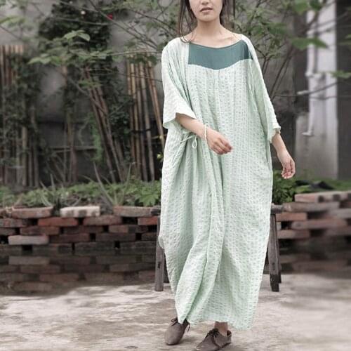 Johnature Women Vintage Cotton Dresses Patchwork O-Neck Seven Sleeve 2021 Summer New Bandage Green Women Robes Loose Soft Dress