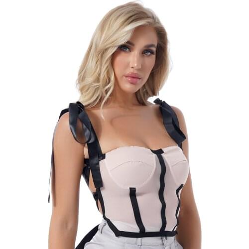 Womens Fashion Patchwork Style Camisole See-through Mesh Crop Tops Off Shoulder Self-tie Tank Tops Hollow Back Charming Vest Top