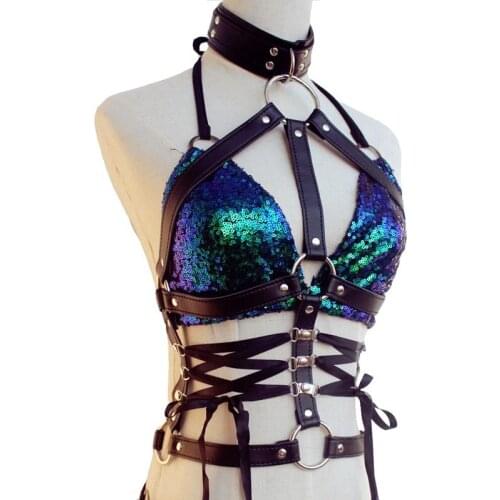 Women Handmade Faux Leather Body Harness Top Ribbon Lace Up Bondage Bulldog Belt Cheerleaders Punk Rock Costume
