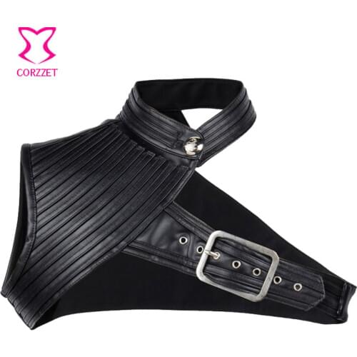 Black Leather Stand Collar One Shoulder Steampunk Jacket Vintage Gothic Clothing Plus Size Burlesque Costume Corset Accessories