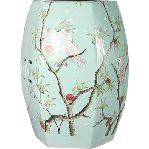 Jingdezhen Ceramic American Parrot Flowers And Birds Hexagonal Drum Porcelain stool Dressing Bathroom hotel porcelain stool