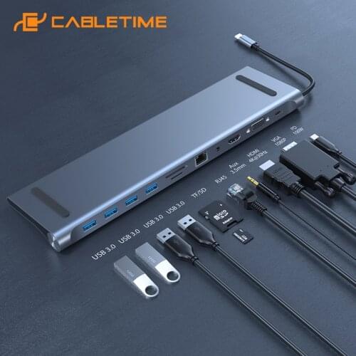 CABLETIME 11 in 1 USB C Dock HUB to 4K HDMI RJ45 1000Mbps VGA SD TF Card Slot Aux 3.5mm PD 87W Charging Desktop H23