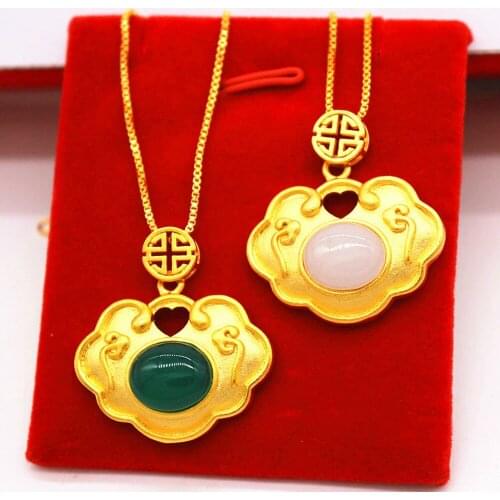 Chinese lucky Necklace For Women Man longevity lock 24K Gold Pendant Necklace Parents grandparents children longvity Jewelry