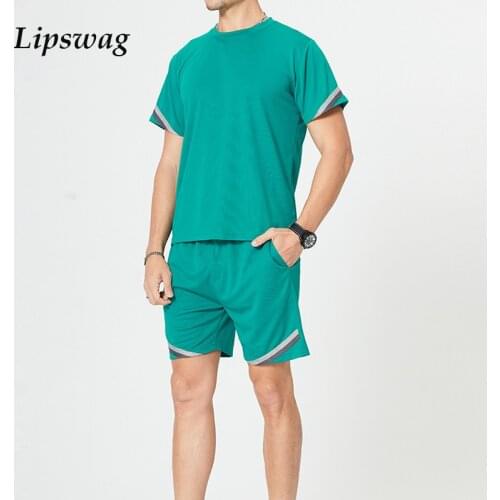 Summer Casual Breathable Quick Dry Sport Two Piece Set For Men 2021 Fashion Short Sleeve O-Neck Tee And Drawstring Shorts Outfit
