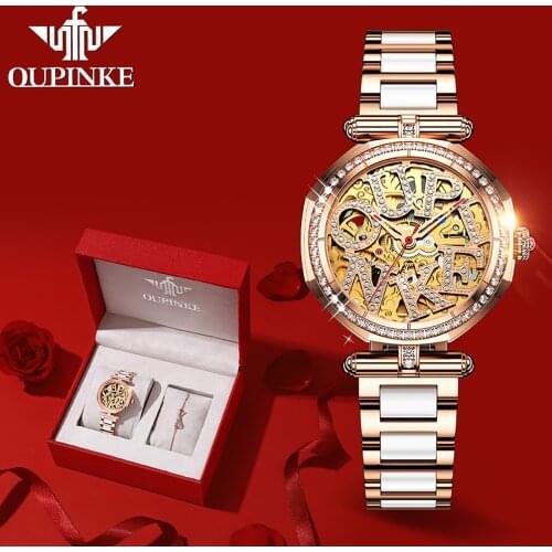 OUPINKE Women Watch Set Waterproof Automatic Mechanical Watch Female Ceramic Watch Gift for Women Wristwatches 3183 G2