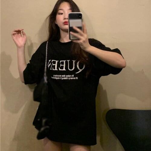 Summer T-shirt For Student Korean Casual Loose Medium And Long Bottomed Letter Top Black White