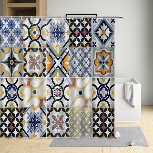 Mandala Shower Curtain National Style Pattern Square Lattice Rhombus Triangle Round Flower Cloth Bathroom Decor Bath Screen