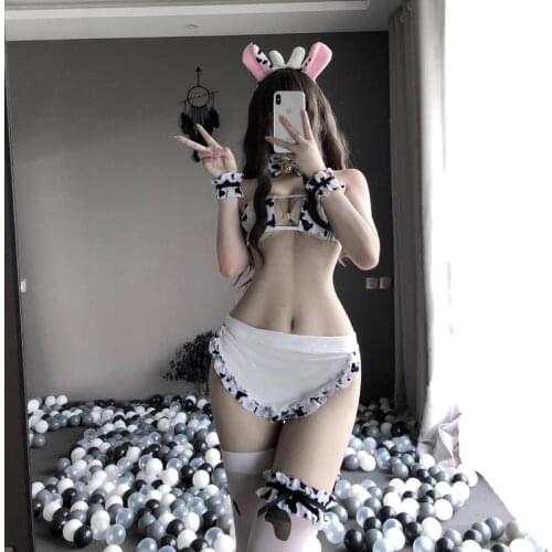 Cute Japanese Girl Sexy Tail Girlfriend Cow Maid Cosplay Costume Tankini Bikini Swimsuit Anime Swimwear Lolita Bra and Panty Set