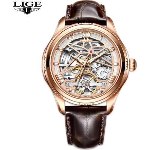 LIGE Men Mechanical Watch Top Brand Luxury Automatic Watch Leather Waterproof Sports Luminous Wristwatch 2021 Relogio Masculino
