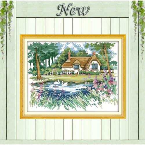 The pond-side cabin,Counted Printed on canvas DMC 11CT 14CT Cross Stitch kits,needlework Set handmade embroidery,Country Scenery