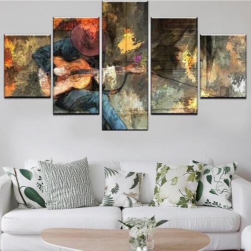5 Pieces Wall Art Canvas Painting Abstract Character Poster Man Playing Guitar Modern Living Room Modular Home Decoration