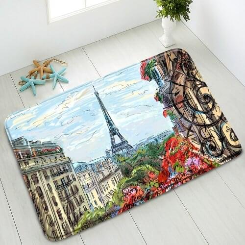 Non-Slip Bathroom Mat Hand-Painted Iron Tower Indoor Floor Mat Bedroom Kitchen Doormat Absorbent Carpet Home Washable Foot Pads