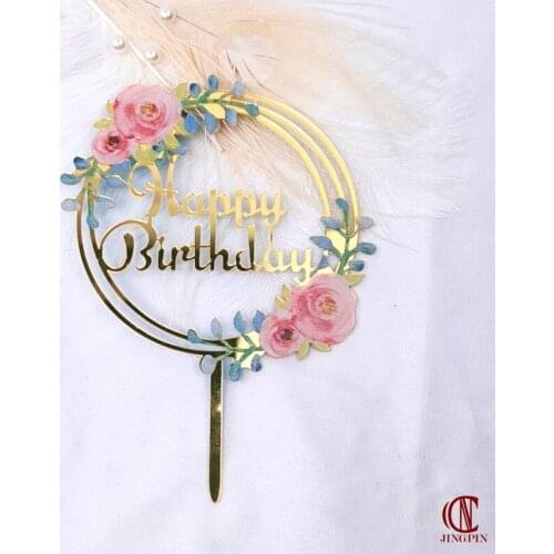 Creative Acrylic Rose Gold Cake Topper Happy Birthday Wedding flowers Flags Decor Baby Shower Married Cake Decoration Supplies