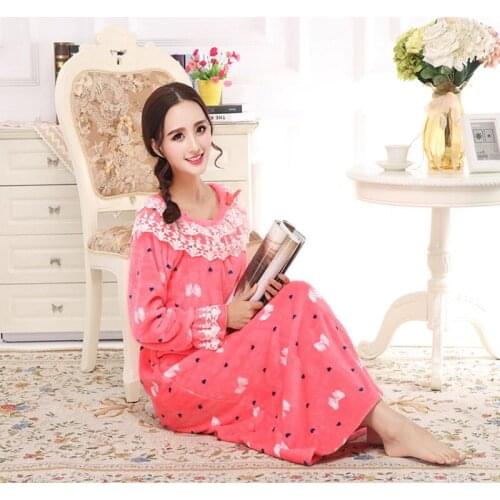 Autumn Winter Ladies Long Sleeves Nightdress Long Coral Double Flannel Sweet Lovely Princess Nightgown Sleepwear Home Dress