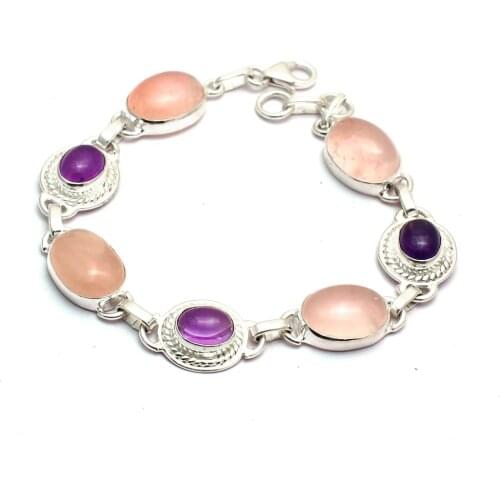 Genuine Rose Quartz + Amethyst Bracelet 925 Sterling Silver, Women Fine Jewelry Gift, 20 cm, MHBB0193