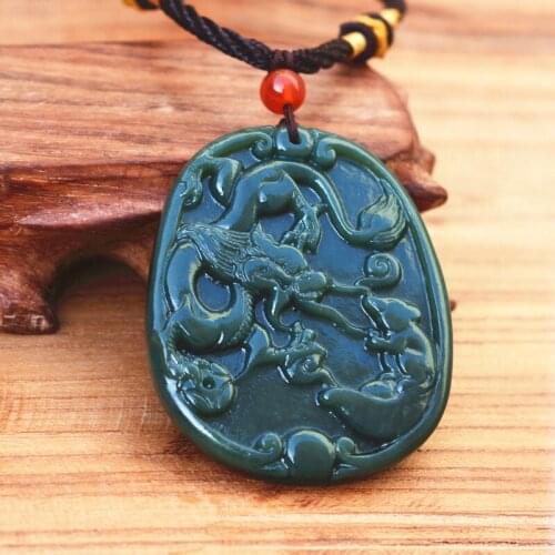 Real Natural Green Nephrite Stone Pendant Carved Chinese Dragon Pendant Necklace Gift for Mens Jewelry Free Rope